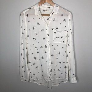 BeachLunchLounge Star Pattern Button Up White Shirt Size  Medium